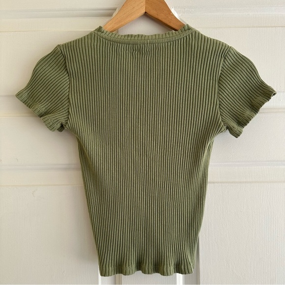 Anthropologie Lace Up Baby Tee Ribbed Moss Green Size Small Minimalist Staple - Picture 8 of 10